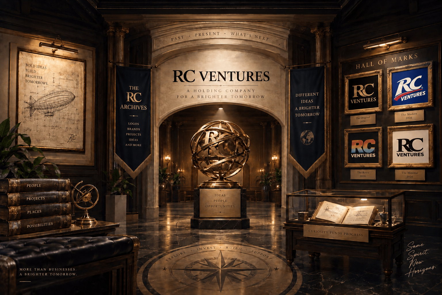 An old-world RC Ventures museum with carved wood walls, a stone arch, a brass armillary sphere, navy banners, and a gallery of framed RC logo studies.
