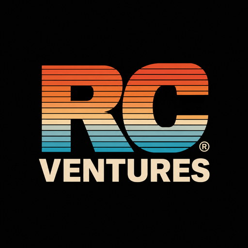 The Retro mark: a bold RC filled with horizontal orange-to-teal sunset stripes above VENTURES, on black.