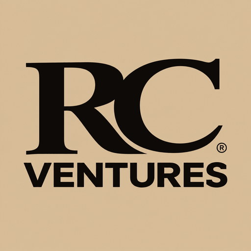 The Minimal mark: a black serif RC monogram above VENTURES, on a sand-coloured ground.