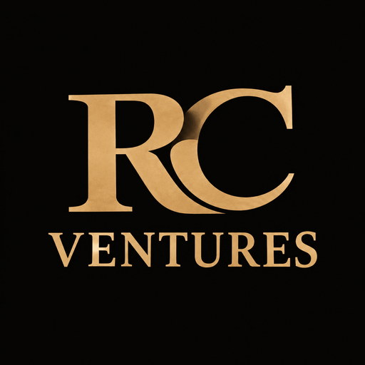 The Original mark: a gold serif R and C joined as one monogram above the word VENTURES, on black.