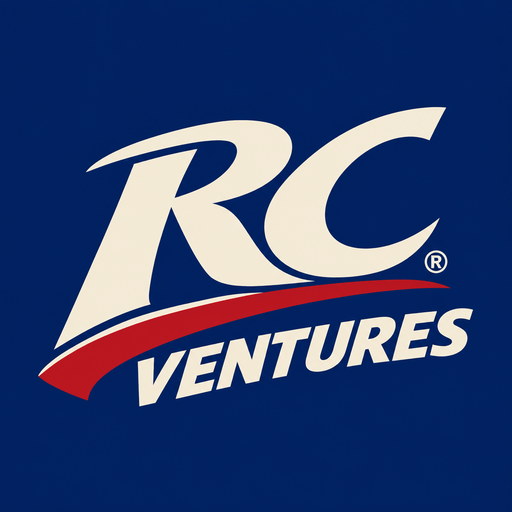 The Modern mark: an italic cream RC over a red swoosh with VENTURES beneath, on deep navy.